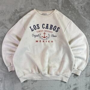 VTG 90s Los Cabos Mexico Crewneck Sweatshirt Tourist Graphic Anchor White Large
